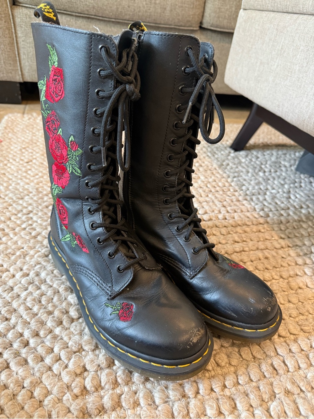 Dr. Martens Black Lace-Up Knee-High Boots with Red Rose Embroidery